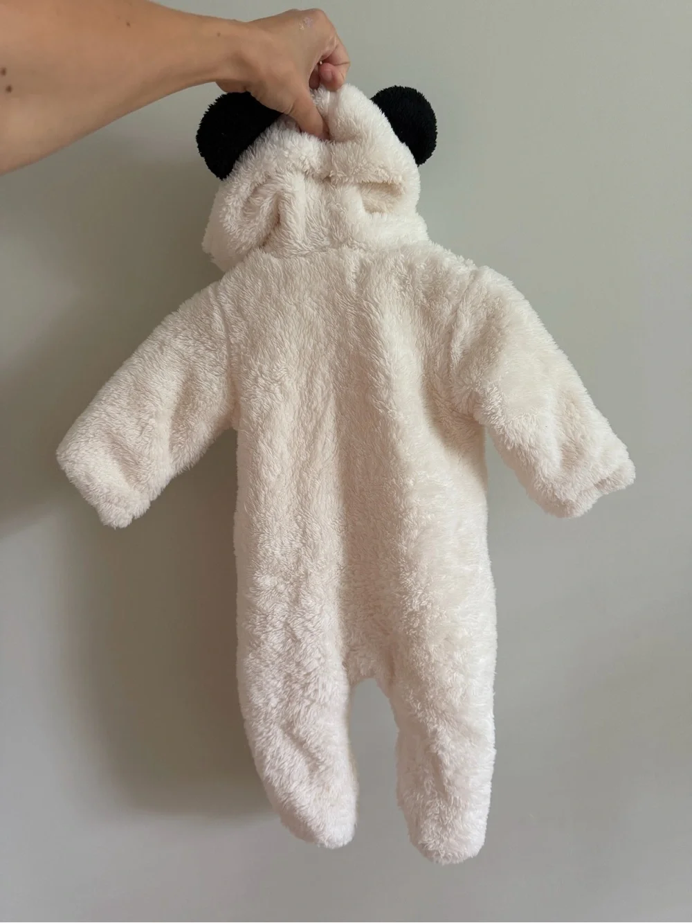 Plush Panda Hooded Footed Baby Romper 0–12M Cream